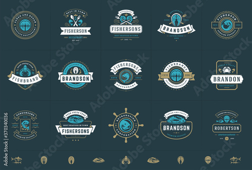 Seafood logos or signs set vector illustration fish market and restaurant emblems templates design