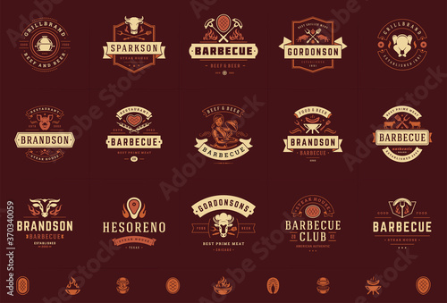 Grill and barbecue logos set vector illustration steak house or restaurant menu badges with bbq food silhouettes