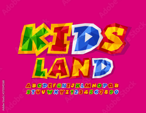 Vector creative sign Kids Land. Playful colorful Font. Bright Crumpled Paper Alphabet Letters and Numbers