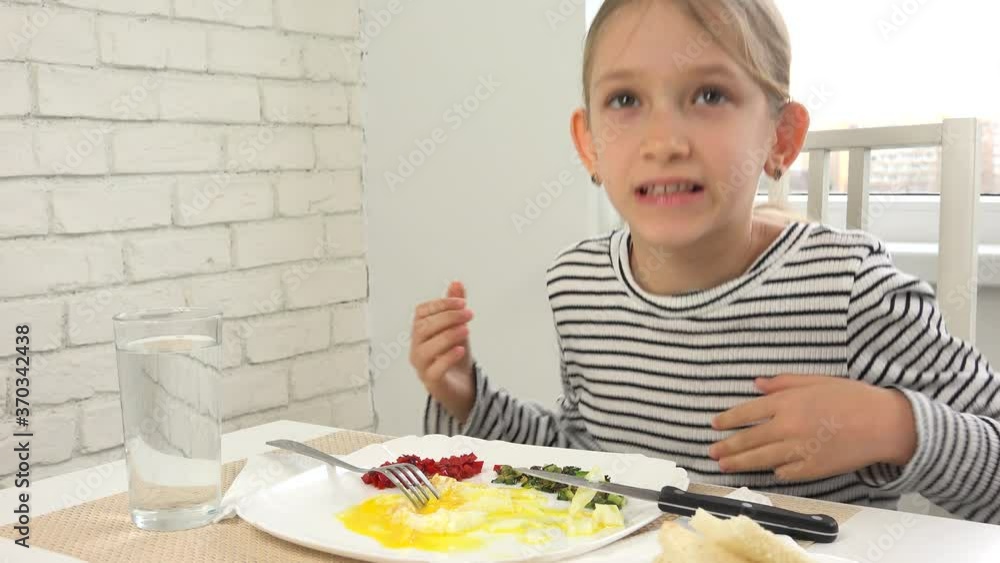 Sick Child Couldn't Eat Breakfast in Kitchen, Kid Looking Food Meal, Girl Crying, Children  No Appetite