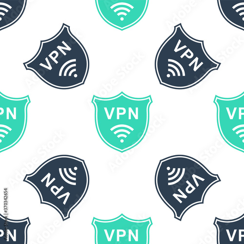 Green Shield with VPN and WiFi wireless internet network icon isolated seamless pattern on white background. VPN protect safety. Virtual private network for security. Vector.