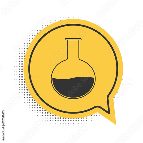 Black Test tube and flask - chemical laboratory test icon isolated on white background. Laboratory glassware sign. Yellow speech bubble symbol. Vector.