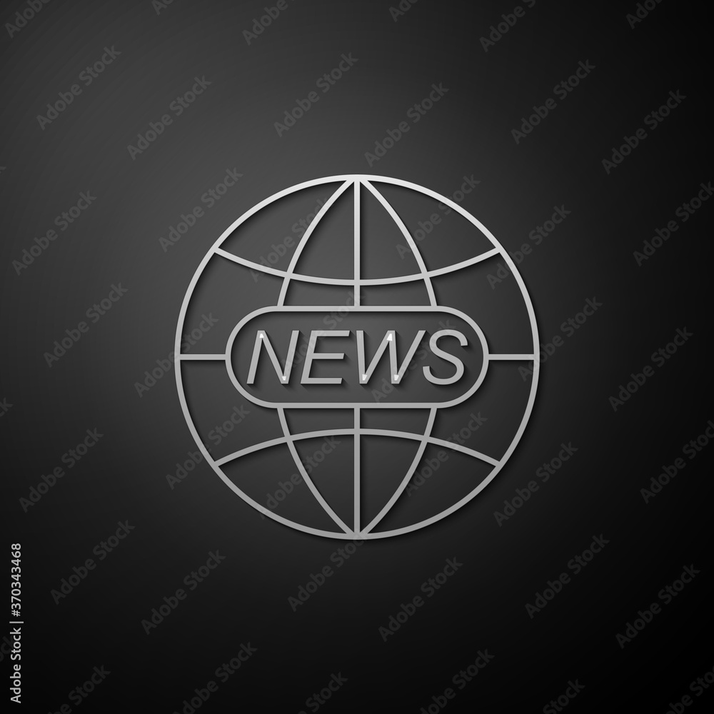 Silver World and global news concept icon isolated on black background. World globe symbol. News sign icon. Journalism theme, live news. Long shadow style. Vector. Silver World and global news concept icon isolated on black background. World globe symbol. News sign icon. Journalism theme, live news. Long shadow style. Vector.