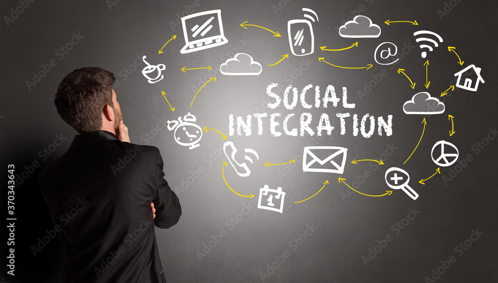 businessman drawing social media icons with SOCIAL INTEGRATION inscription, new media concept businessman drawing social media icons with SOCIAL INTEGRATION inscription, new media concept