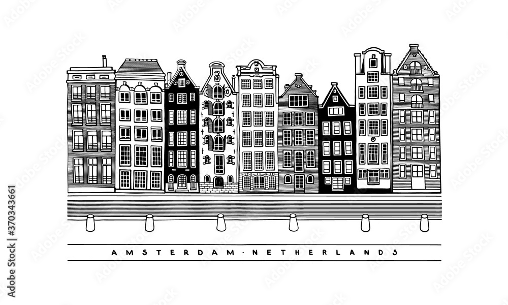 Damrak Avenue. Central street, houses and canals of Amsterdam, Netherlands. European city. Hand-drawn collection of urban sketches. Vector illustration.