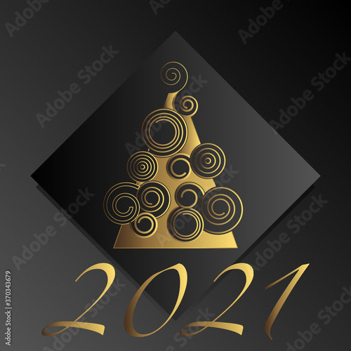 2021- carte de vœux noires et or avec un graphisme de sapin créatif et moderne.