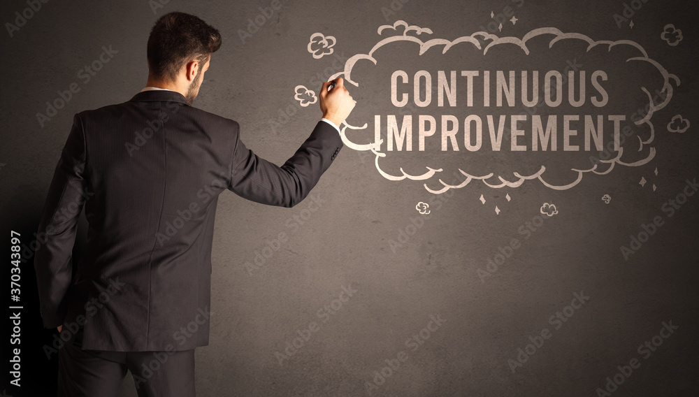 businessman drawing a cloud with CONTINUOUS IMPROVEMENT inscription inside, modern business concept businessman drawing a cloud with CONTINUOUS IMPROVEMENT inscription inside, modern business concept