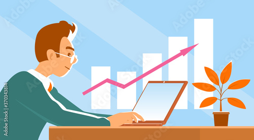 A business man in a tie sits at a table and works on a laptop. Financial growth chart. Vector closeup illustration.