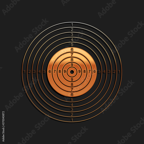 Gold Target sport for shooting competition icon isolated on black background. Clean target with numbers for shooting range or pistol shooting. Long shadow style. Vector.