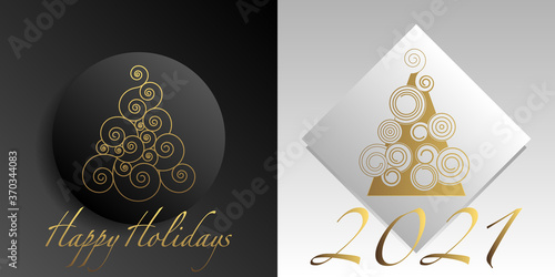 2021- cartes noires et blanches avec un graphisme de sapin or, créatif et moderne.