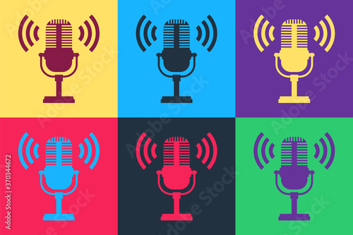 Pop art Microphone icon isolated on color background. On air radio mic microphone. Speaker sign. Vector.