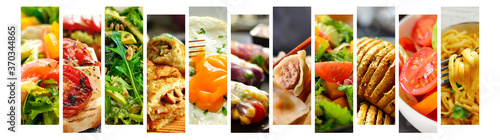 Various tasty food close-up. Food collage. Assortment and menu. Free space for text.