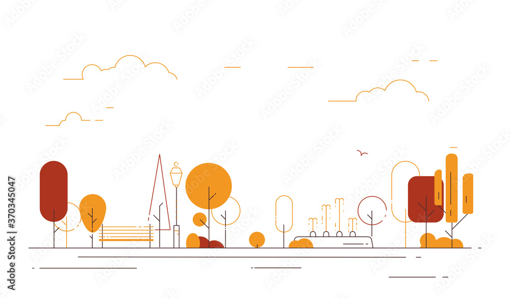 Naklejka premium Autumn park. City park bench, lawn and trees. Flat style thin line vector illustration. Yellow park in center of town. Parks and recreation concept. Yellow trees and line style bench.