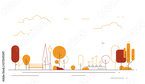 Autumn park. City park bench, lawn and trees. Flat style thin line vector illustration. Yellow park in center of town. Parks and recreation concept. Yellow trees and line style bench.