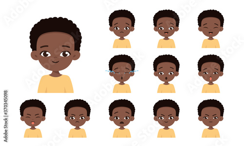 Set of cartoon african american boy with different facial expressions isolated