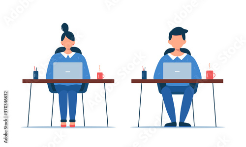 Woman and man working on laptop. Freelance, office concept isolated on white