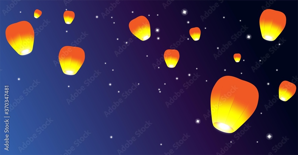 Fototapeta premium Orange paper lantern icon floating at night. Vector illustration. Traditional design elements for Chinese New Year or Mid Autumn Festival.