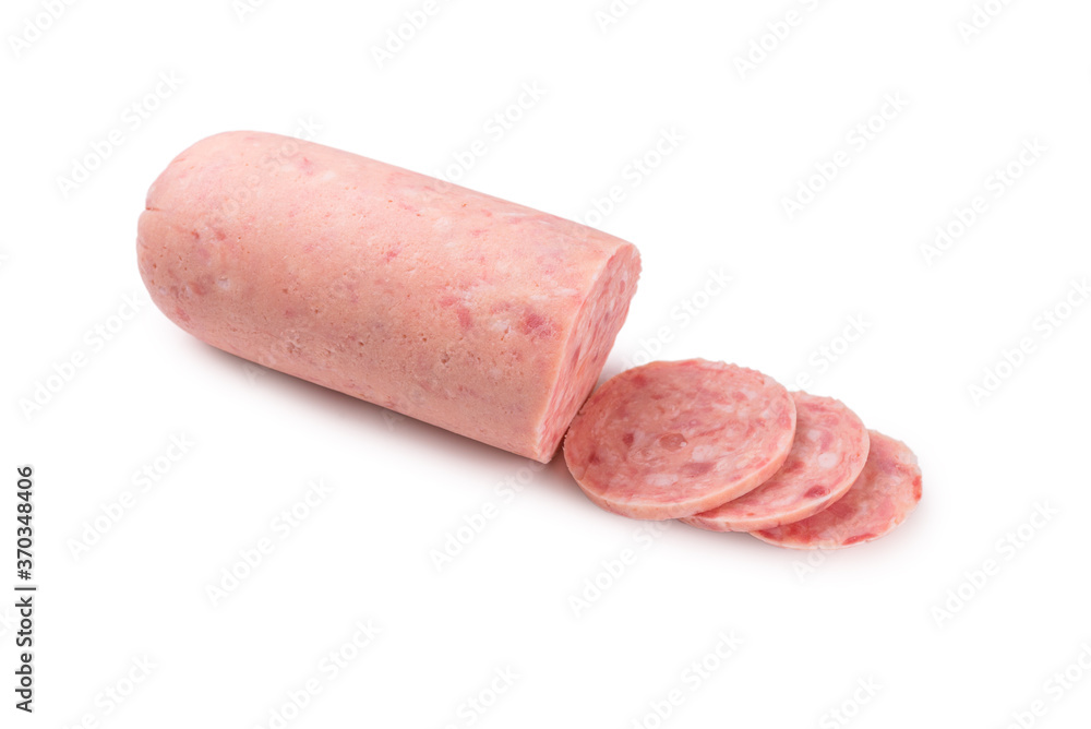 Boiled sausage isolated on white background. Slices.