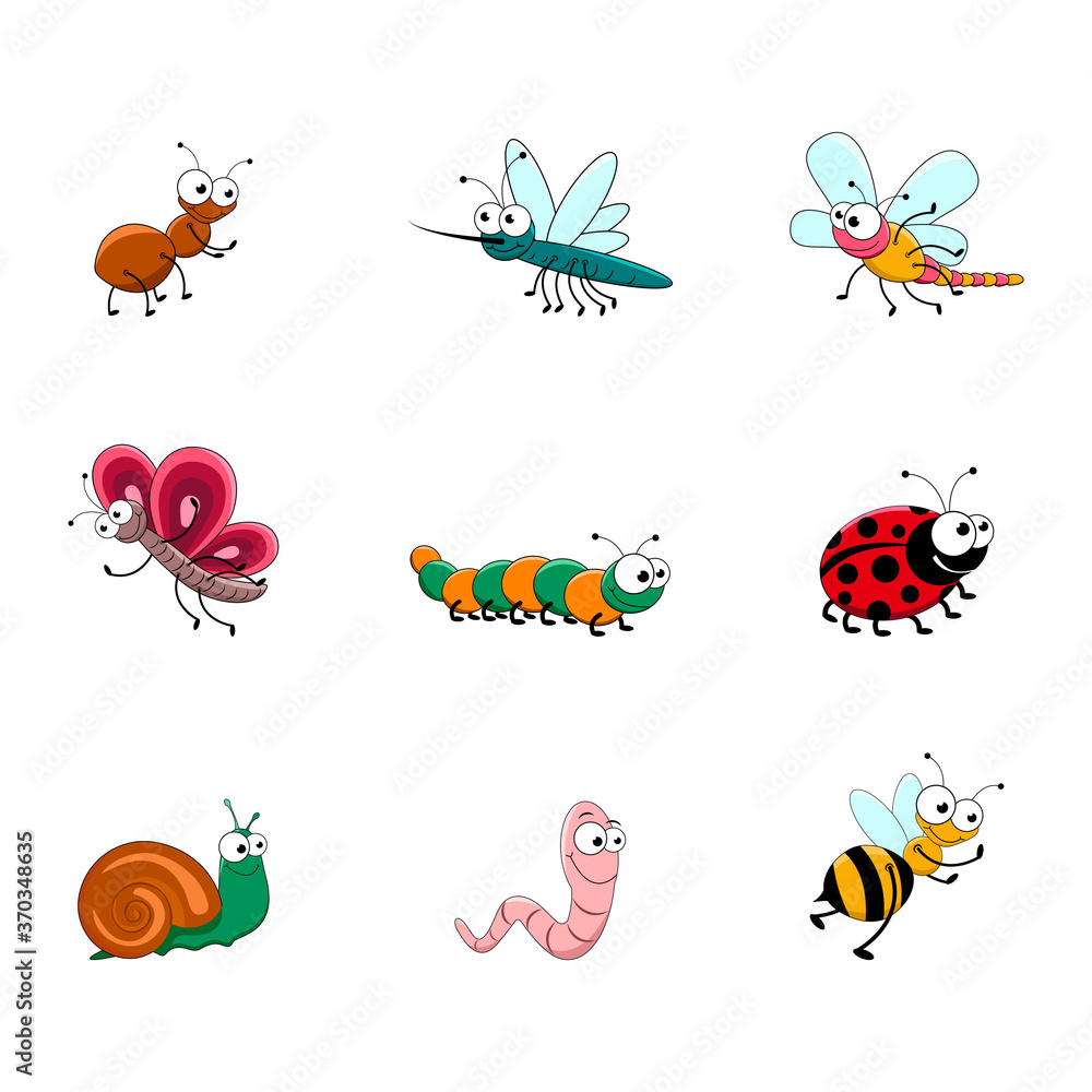 Set of funny insects in cartoon style. Vector illustration isolated on white background. Set of funny insects in cartoon style. Vector illustration isolated on white background.