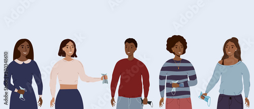 Set of happy people without masks.  End of coronavirus epidemic. Quarantine is over. Happy people taking off medical masks.