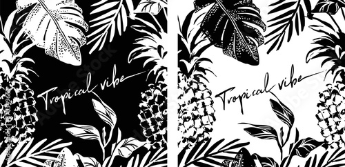 Summer tropical leaves and pineapple poster design in black and white colors, vector illustration.