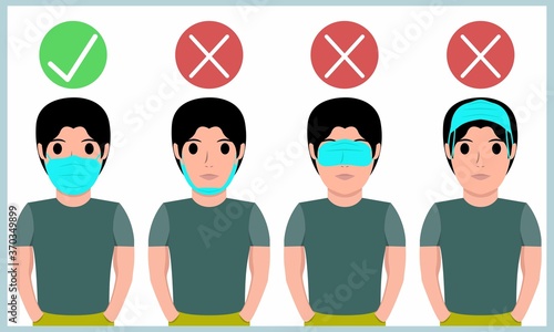 How to properly Wearing a face mask or surgical mask during pandemic in Cartoon Illustration Stock Vector