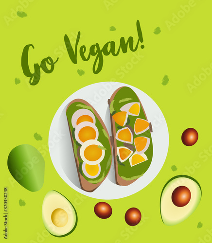 Vegan avocado toasts. Greeting postcard illustration