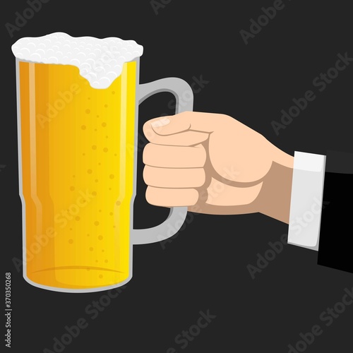 Hand Holding Beer Glass,  Alcoholic drink with carbonated Foam. Cartoon Vector Illustration