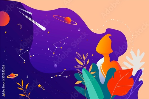 Woman with flowers and leaves dreaming of space with planets and stars. Vector illustration.