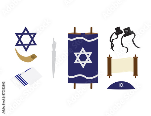 Set of Jewish symbols - Torah scroll, star of David, Tefillin, kipah, Tallit, Shofar and Torah hand on White background