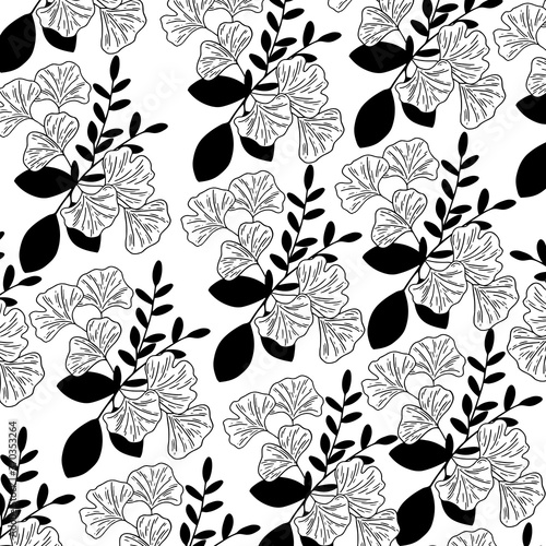 black and white seamless floral pattern design of leaves and flowers