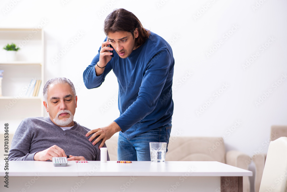 Grandfather and grandson in first aid concept Grandfather and grandson in first aid concept