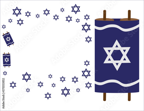 Torah scrolls and Blue star of David symbols on White background