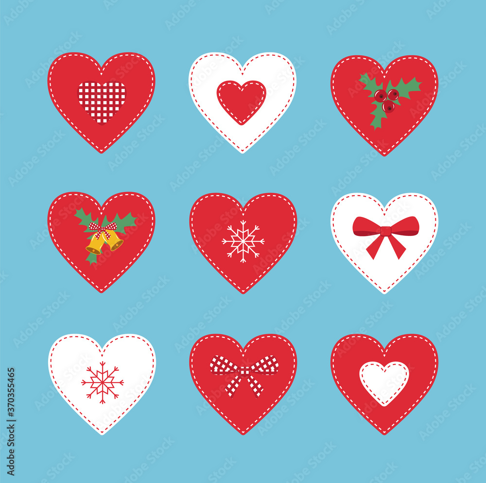 Set of Christmas patchwork hearts on blue background. Embroidered hearts with bow, snowflake and bells. - Vector illustration