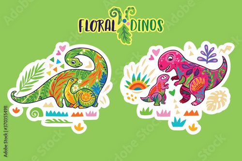 Floral dinosaurs. Sticker set. Vector illustration