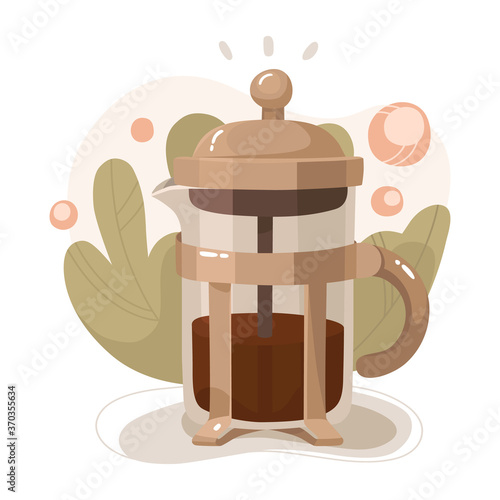 French press coffee maker on abstract background. Leaves and berries, flowing shapes. Vector illustration in flat style. Cozy, warm colors. Breakfast, morning mood. Design for apps, icons, posters. 