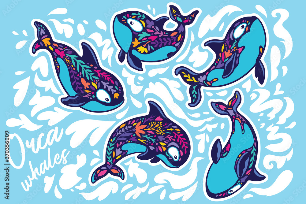 Fototapeta premium Orca whales surrounded by waves. Sticker set. Vector illustration