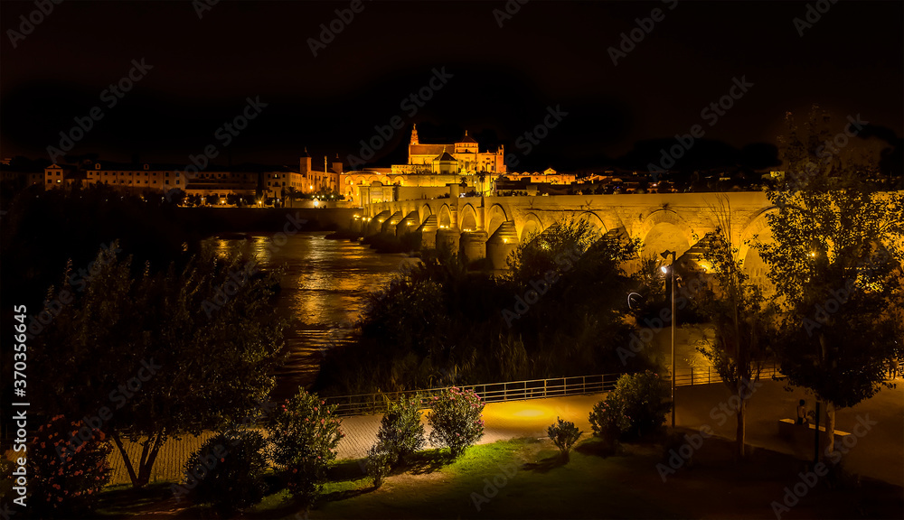 The illuminated Roman bridge and old town of Cordoba, Spain viewed from the river bank at night in the summertime
