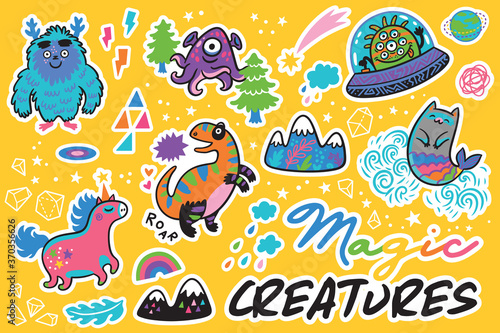 Magic creatures. Sticker set. Vector illustration