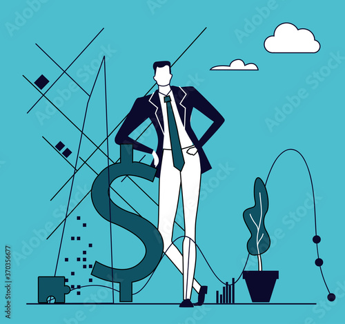 Businessman stands next to dollar sign 