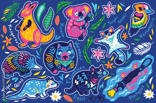 Australian native animals. Sticker set. Vector illustration