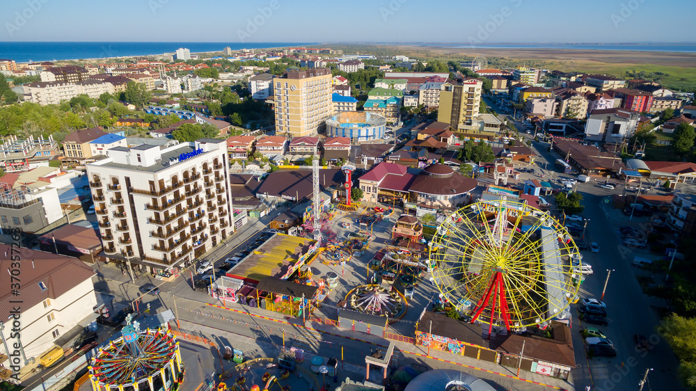 Aerial view of Vityazevo village and the amusement park. Krasnodar region. Russia.