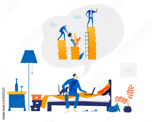 Young man working from home, distance working. Self isolation, quarantine and working from kitchen table. People dreaming go back to normal, work together, to solve problems and socialise 