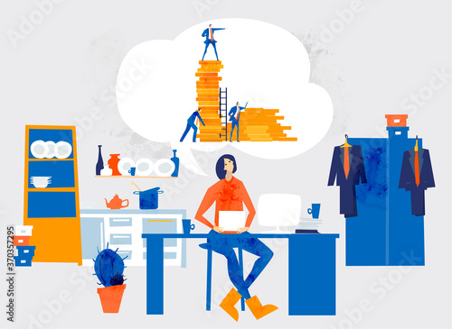 Young man working from home, distance working. Self isolation, quarantine and working from kitchen table. People dreaming go back to normal, work together, to solve problems and socialise 