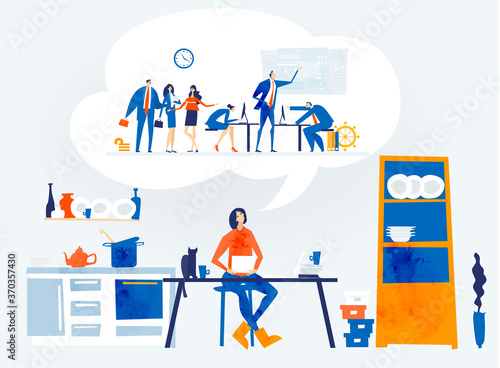 Woman works from home, kitchen table, distance working. Self isolation, quarantine. People dreaming go back to normal, work together, to solve problems and socialise 