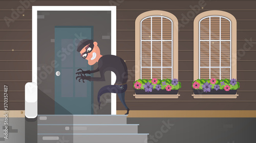 The thief is sneaking into the house. The robber is trying to crack the door. Security concept. Vector illustration.
