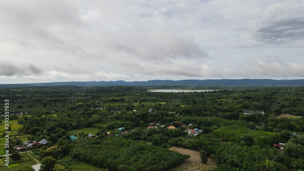 High angle shot Rural village landscape at Phusing Sisaket Thailand.