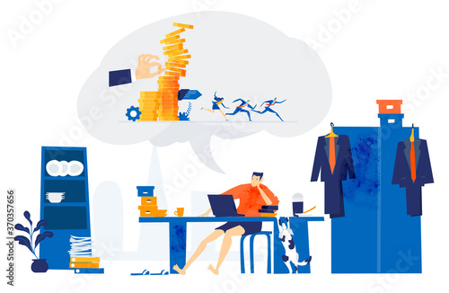 Young man working from home, distance working. Self isolation, quarantine and working from kitchen table. People dreaming go back to normal, work together, to solve problems and socialise 