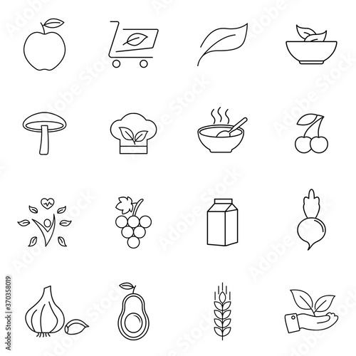 Organic and vegetarian food mini icons set. Vector isolated outline drawing.