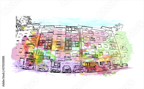 Building view with landmark of Almada is a city and a municipality in Portugal. Watercolor splash with hand drawn sketch illustration in vector.